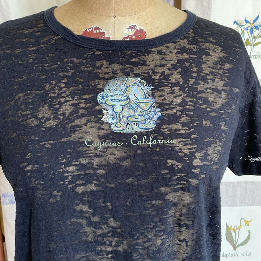 West Trend black, sheer/distressed, short sleeve tee shirt, Cayucus, Ca drinks